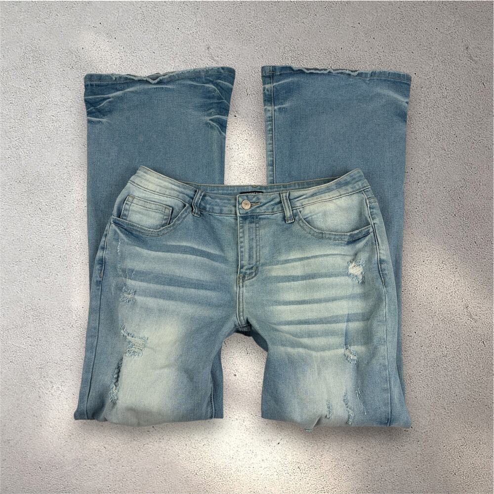 Flamingals Distressed Flare Jeans Women’s XL Light Wash High Rise Streetwear Y2K